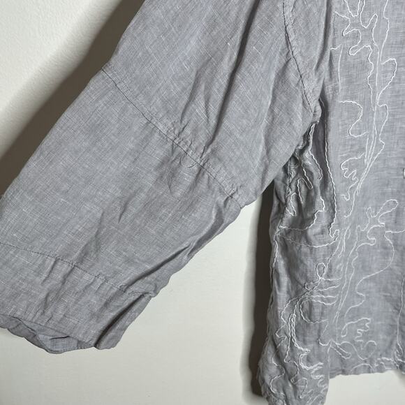 Poetry Embroidered Linen Top Womens Size 14 Gray Lagenlook Wearable Art Coastal - Picture 3 of 6